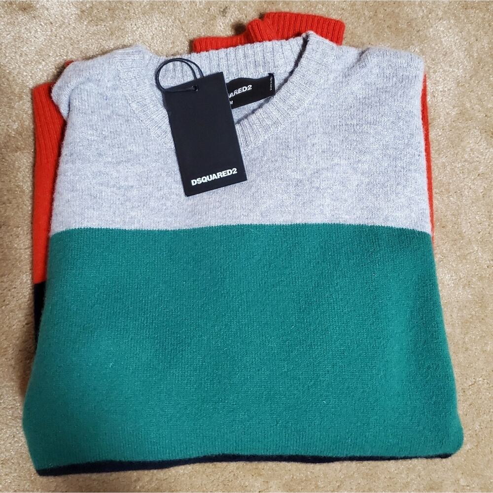 NWT$550 DSQUARED2 Mens 100% Wool Red Black Green Stripe Crewneck Sweater Sz Med - Picture 8 of 11